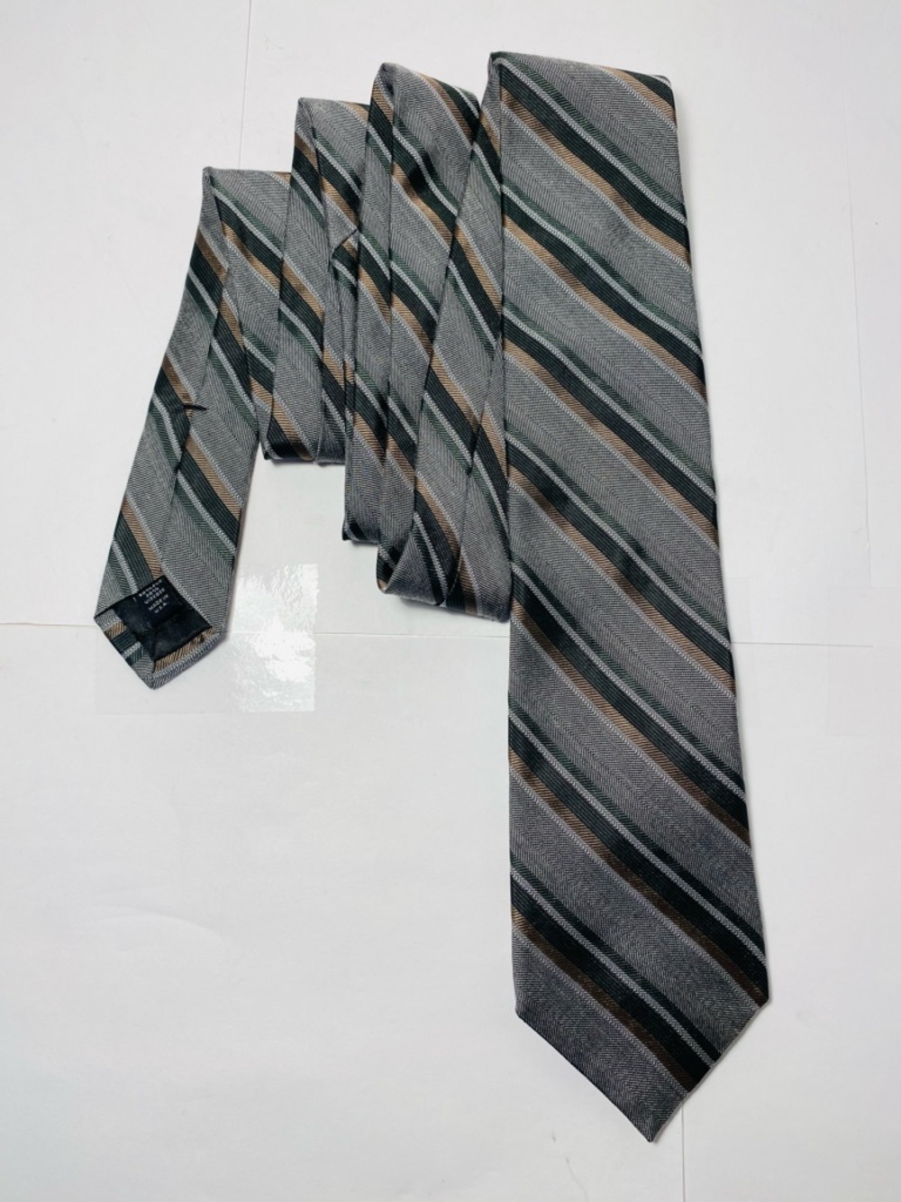 Calvin Klein Silk Blend Men's Tie Gray Green Brown Striped Herringbone Made USA